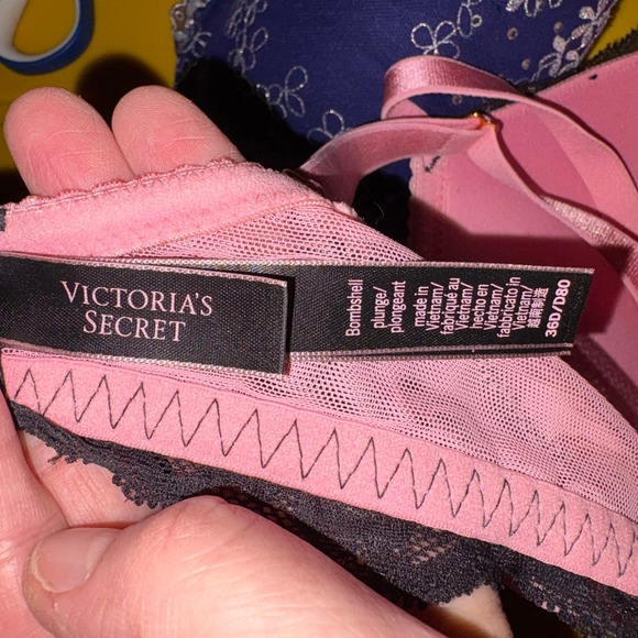 Victorias Secret Bombshell Plunge Bra Pink Black Lace Push Up 36D Add 2 Cups - Picture 5 of 5